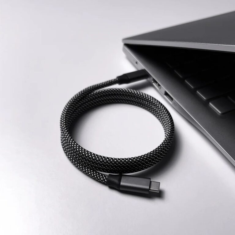 Espace de travail organisé avec câble de charge magnétique.png