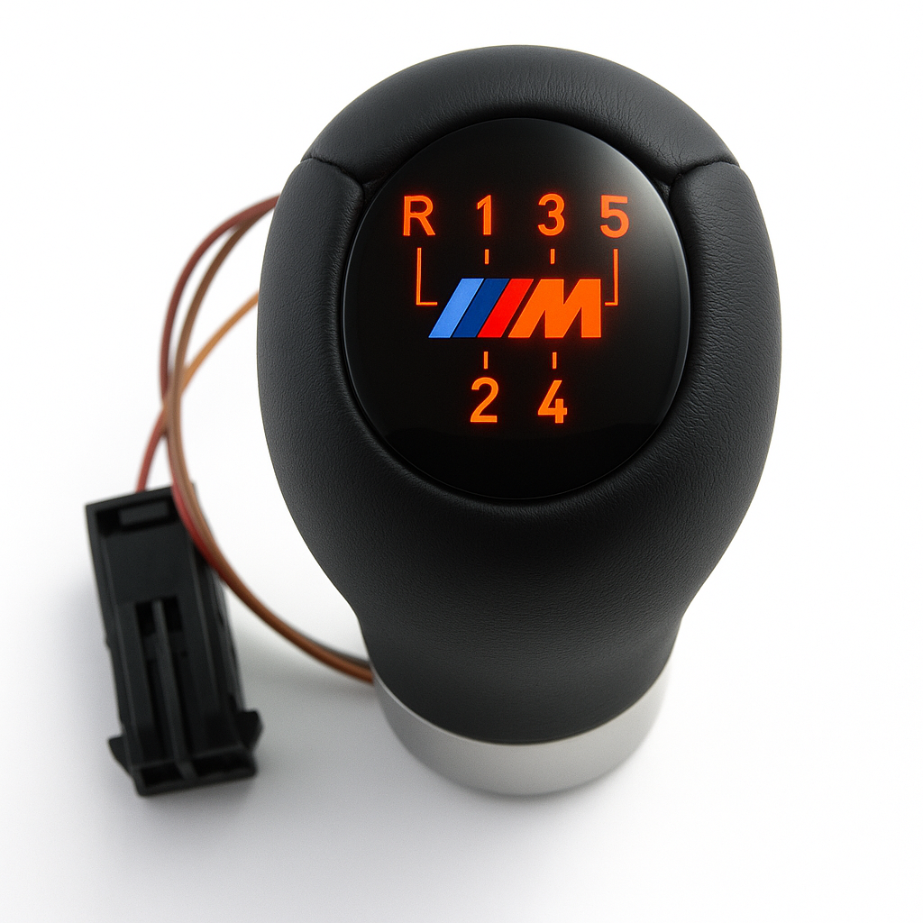 Pommeau de vitesse BMW M Performance LED rétroéclairé – cuir noir avec logo M tricolore pour BMW E30, E36, E46, E60, E90, E92, E82, E87, F20, F30